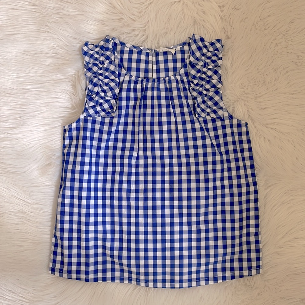 Girls Blue and White Gingham Ruffle Sleeve Top